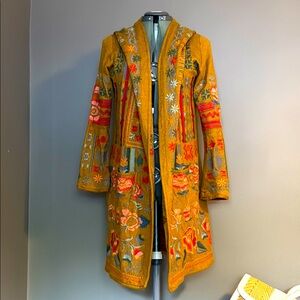 Johnny Was Biya S Heavily Embroidered Mustard Long Floral Knit Hoodie Cotton Mix